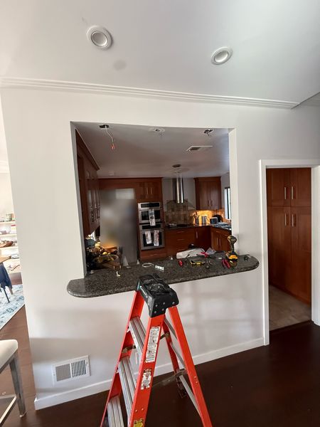 Kitchen pass-through before the pendant lights, with wires ready in the ceiling – Zion Electric Inc., San Leandro electrician