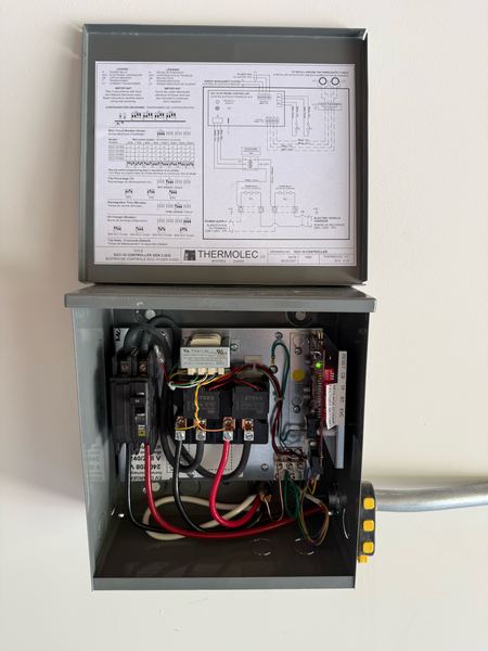 Thermolec DCC-10 EV load controller, wired and open for inspection β Zion Electric Inc., San Leandro electrician